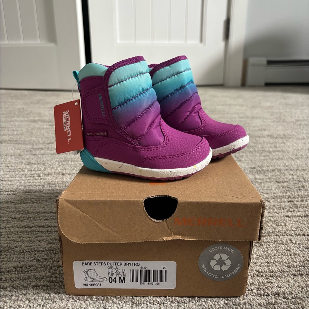 BRAND NEW Merrell Kids' Bare Steps Puffer Boots - Purple and Teal